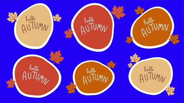 Hello autumn stickers set with seasonal leaves and backgrounds