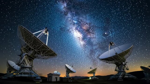 Radio telescope observatory with satellite dishes scanning the starry night sky and milky way galaxy