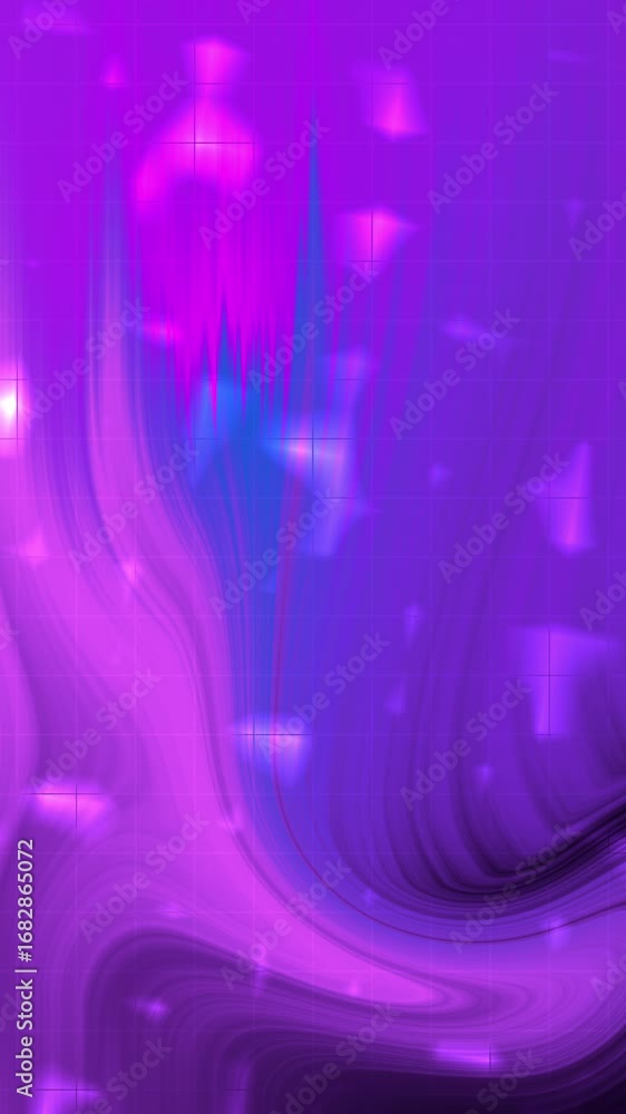 Poster fluid purple and pink hues swirl dynamically against a subtle grid background. glowing particles add