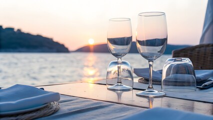 Obraz premium romantic sunset dining table with wine glasses by serene seaside