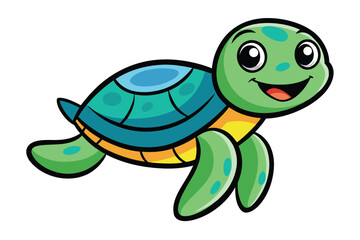 Fototapeta premium Cartoon Turtle with Teal Shell and Lime Green Skin on a White Background