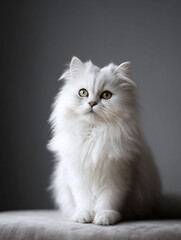 Elegant studio shot of a fluffy white cat with striking green eyes, showcasing beauty, purity, and pet ownership. Perfect for animal lovers, petrelated content, or symbolic imagery of grace.