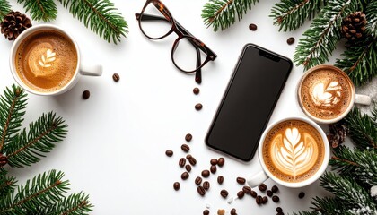 An overhead flat lay with coffee cups, a phone, glasses, pine branches, and coffee beans against a white background, creating a cozy and inviting scene