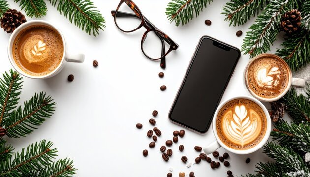 An overhead flat lay with coffee cups, a phone, glasses, pine branches, and coffee beans against a white background, creating a cozy and inviting scene