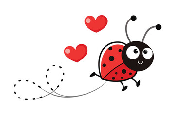 Cheerful Ladybug Flying with Red Hearts and Dotted Flight Path on White Background