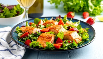 Grilled salmon salad with strawberries