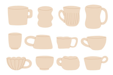 Coffee cups different shapes. Vector hand-drawn design elements. Handmade mugs. Tea cups isolated on white background