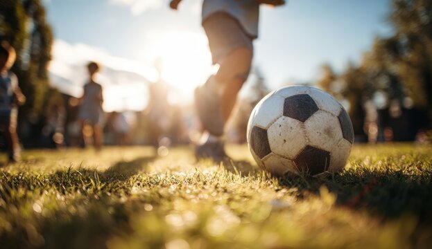Children playing soccer in a park on a sunny day