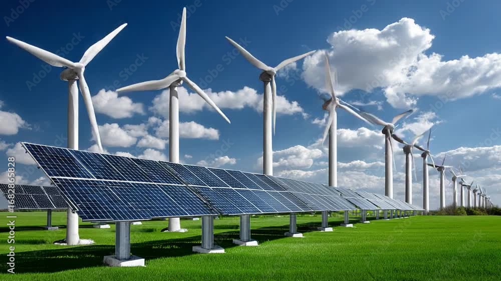Poster harnessing eco-power: an expansive array of wind turbines and solar panels coexist harmoniously, sym