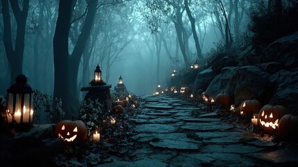 Carved pumpkins glowing in foggy forest at night