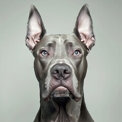 A commanding Great Dane with a serious expression, isolated on a light gray background with generous margins for promotional content ,