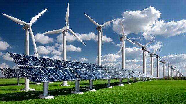 Harnessing Eco-Power: An expansive array of wind turbines and solar panels coexist harmoniously, symbolizing the commitment to harnessing clean energy in a sustainable ecosystem.