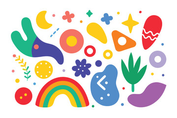 Fototapeta premium Colorful Abstract Shape Collection Rainbow, Flowers, Stars, and Fun Geometric Elements on White Background