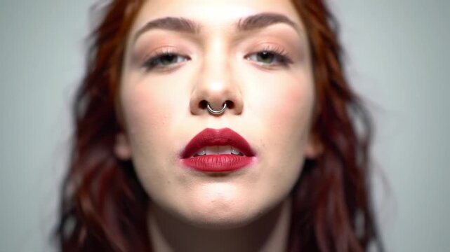 Close-up of a Young Woman with Red Lipstick and a Septum Piercing, Expressive Beauty Portrait