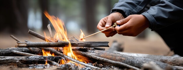 Person lighting a fire using a stick in a forest during daylight hours surrounded by trees and natural elements