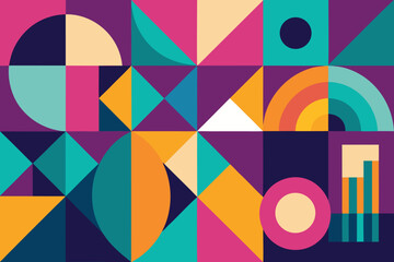 Obraz premium Colorful Geometric Abstract Illustration with Circles, Triangles and Squares Design on Dark Background