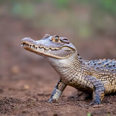 Obraz premium A fierce crocodile opening its jaws slightly, isolated on a muddy brown background with generous margins for promotional text ,