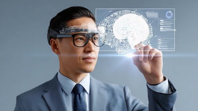 Visionary's Gaze: A man in a formal suit engages with futuristic technology, visualizing a holographic projection of the human brain