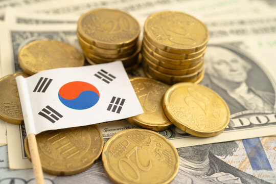 South Korea flag on coin and banknote money, finance trading investment business currency. - Powered by Adobe