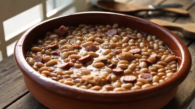 Copieux cassoulet fumant dans un plat en terre.