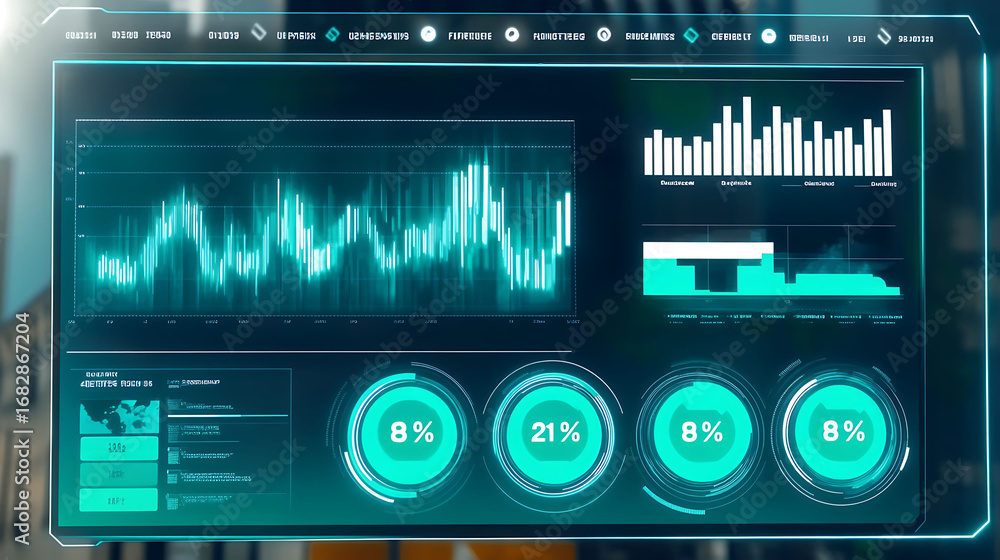 Aufkleber futuristic teal data dashboard display shows dynamic graphs, charts percentages. ideal for tech, fin