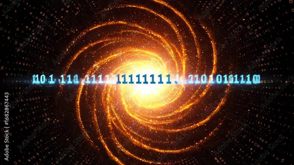 Poster abstract digital vortex of glowing orange particles and binary code