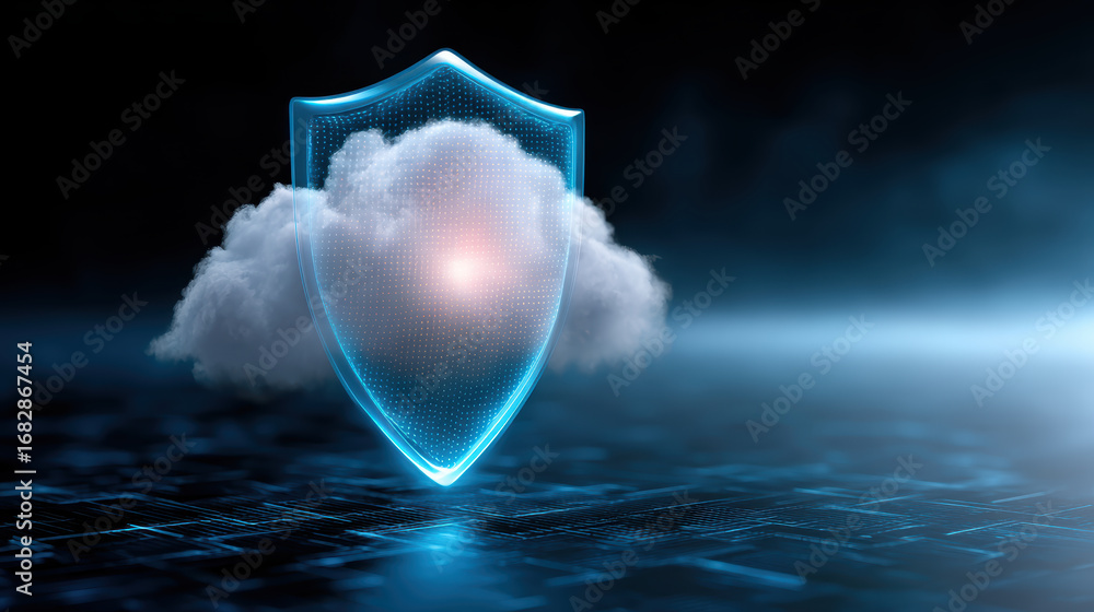 Poster glowing shield offers security and protection for data in digital cloud computing network. this tech