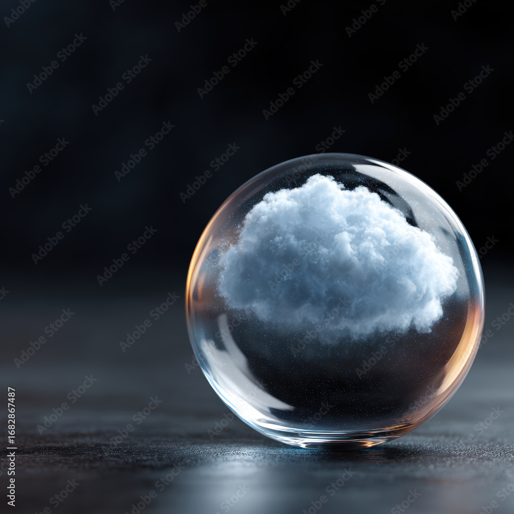 Poster crystal ball holding white cloud symbolizing future of data computing and global network technology.