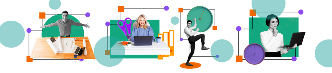Poster collection trend collage image of happy business partners girls guys stand workplace...
