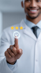 Medical AI assistant interface showing excellent five-star rating, symbolizing online healthcare service, doctor review, patient satisfaction, and digital consultation technology.