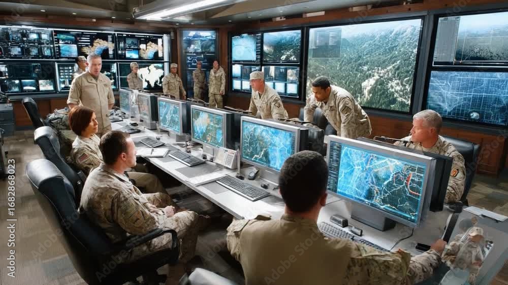 Poster command center: a focused team analyzes real-time data, displayed on multiple monitors, showcasing t