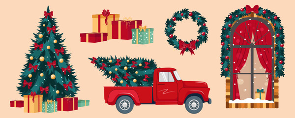 Christmas and New Year illustration set. Christmas tree, red truck, winter window, holiday wreath, gift box. Vector.
