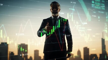 Businessman interacting with a futuristic holographic interface displaying stock market data over a cityscape - Powered by Adobe