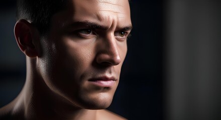 Fototapeta premium Intense close-up portrait of a young man, serious expression, dark background.
