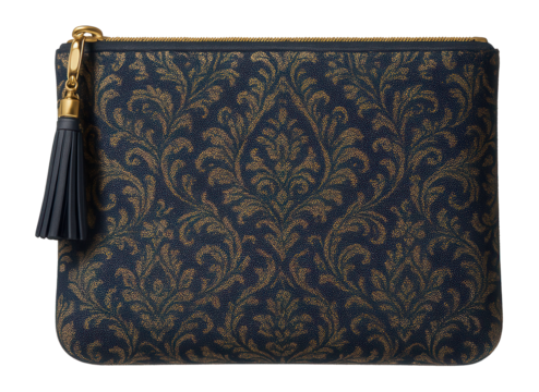 Brocade fabric clutch with tassel zipper pull and interior pocket