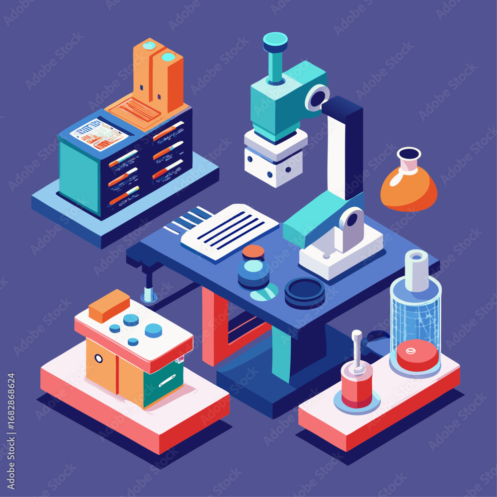 Poster a blue and red background with a lab table with a microscope and other lab equipment. the lab table 
