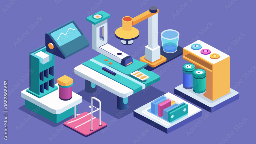 Poster a blue and red background with a lab table with a microscope and other lab equipment. the lab table 
