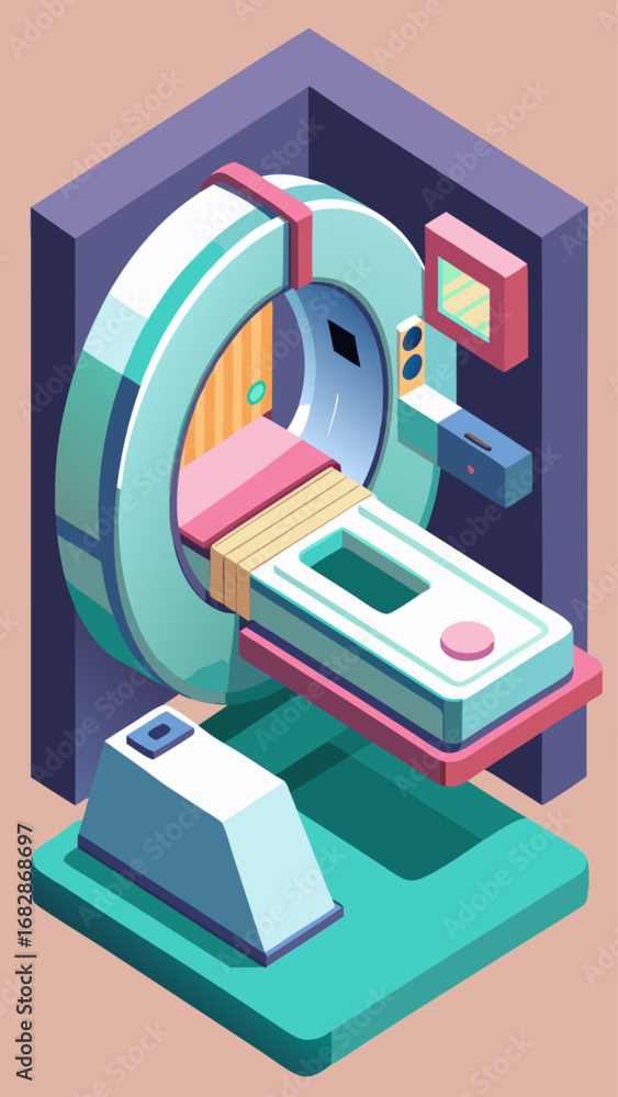 Poster a medical imaging machine with a red button on top. the machine is surrounded by a blue and green ba
