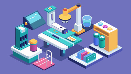 Obraz premium A blue and red background with a lab table with a microscope and other lab equipment. The lab table is filled with various items such as a box, a bottle, a cup, a vase, and a book