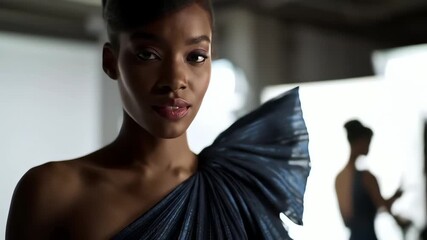 A glamorous African fashion model poses in a stylish blue evening gown during a professional studio photoshoot. - Powered by Adobe