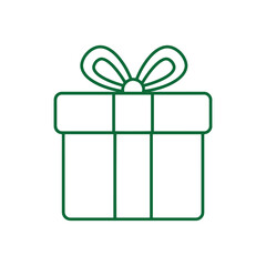 Simple green line art icon of a gift box with a ribbon and bow.
