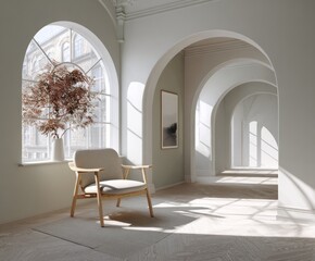 A sun-drenched hallway with arched windows, a light beige armchair, and a muted artwork.