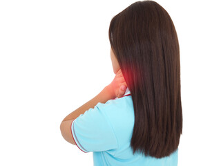 Asian woman has problem had neck and shoulder pain. She massaged her neck for relief. reduce muscle tension. Health concept.