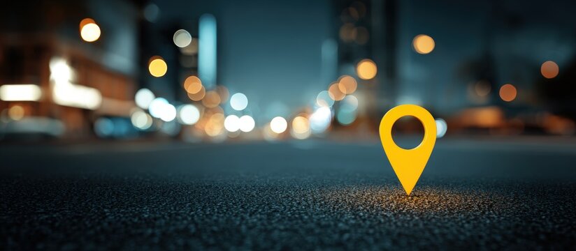 Night city street with a bright yellow location marker