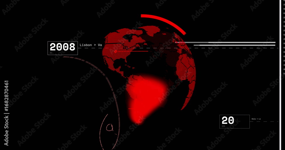 Poster displaying red globe spinning in futuristic interface, with dashed lines, red arc and data boxes