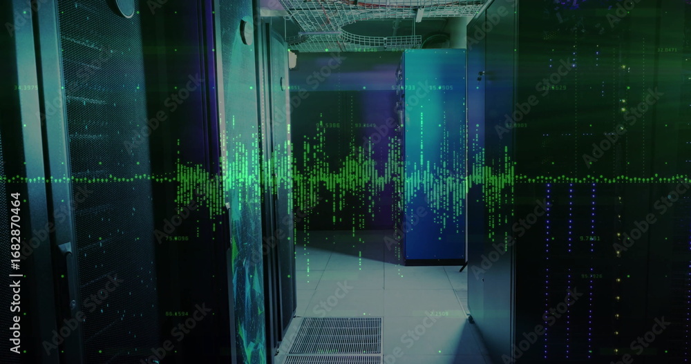 Poster showing data center aisle running between server racks with leds, network cables, waveform overlay