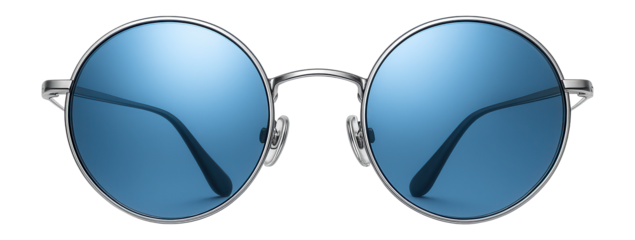 Round sunglasses with thin silver frame and mirrored blue lenses