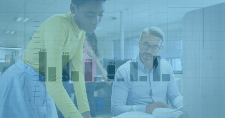 Leaning woman in yellow top analyzing papers at office desk, coffee cup, data overlay, copy space