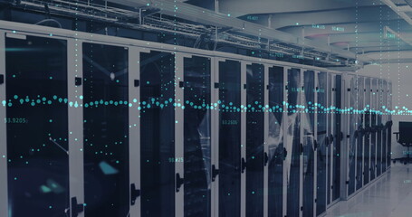 Streaming data overlay floating through data center corridor, with server cabinets and cable trays