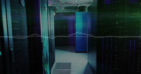 Glowing server cabinets lining narrow data center corridor, with LED indicators and cable trays